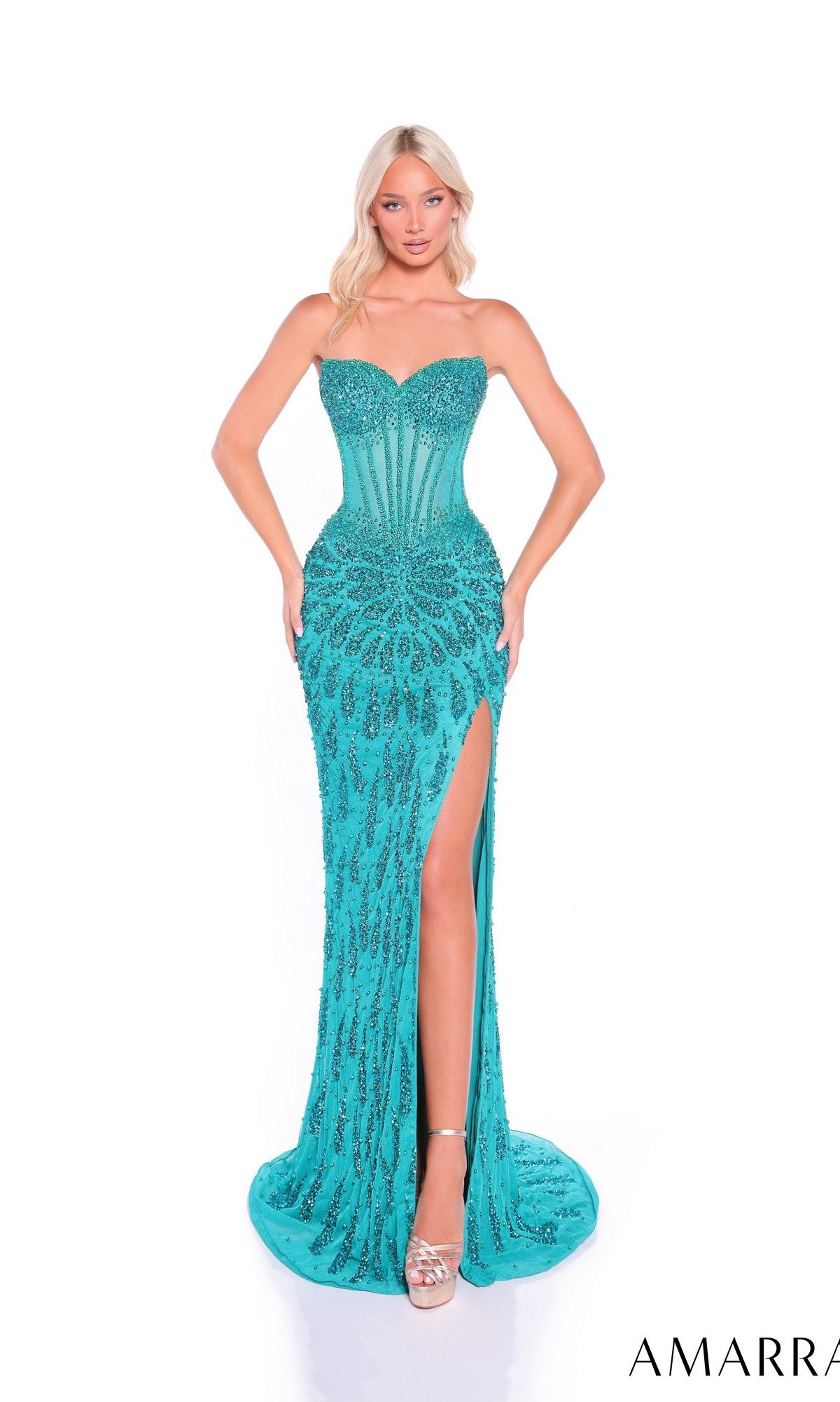 A woman wears the Long Prom Dress: Amarra 89187, a strapless turquoise floor-length gown with beaded embellishments, corset bodice, and high slit, standing against a white background.